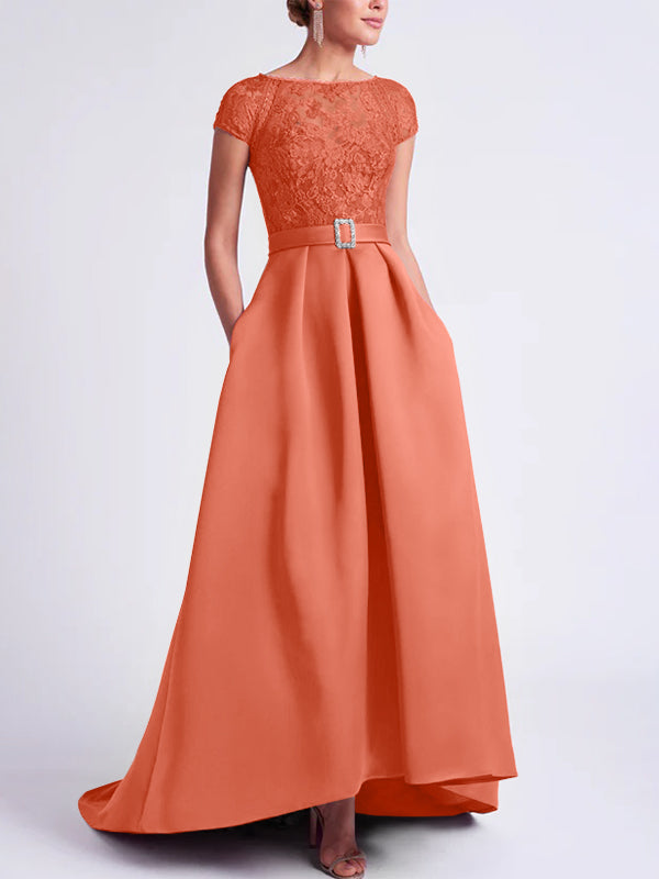 Asymmetrical A-Line Mother of the Bride Dress with Scoop Neck and Short Sleeves