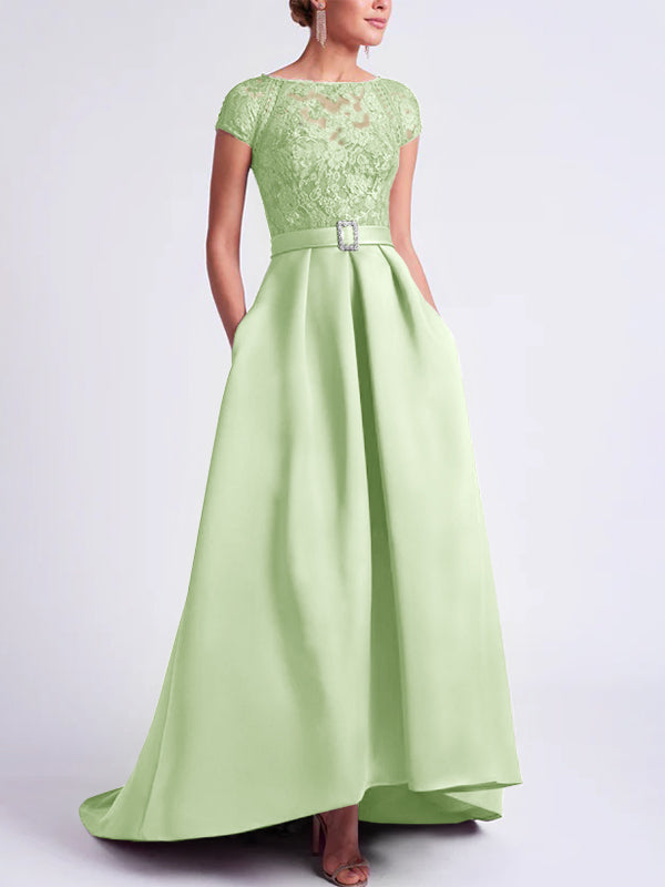 Asymmetrical A-Line Mother of the Bride Dress with Scoop Neck and Short Sleeves