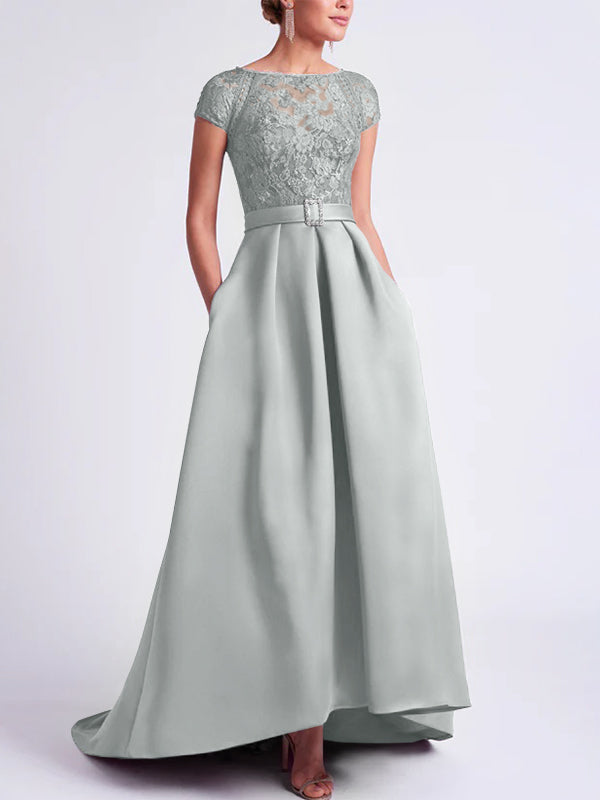 Asymmetrical A-Line Mother of the Bride Dress with Scoop Neck and Short Sleeves