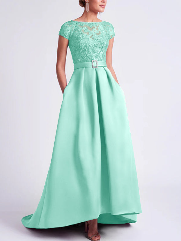 Asymmetrical A-Line Mother of the Bride Dress with Scoop Neck and Short Sleeves