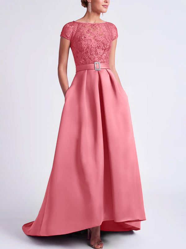 Asymmetrical A-Line Mother of the Bride Dress with Scoop Neck and Short Sleeves