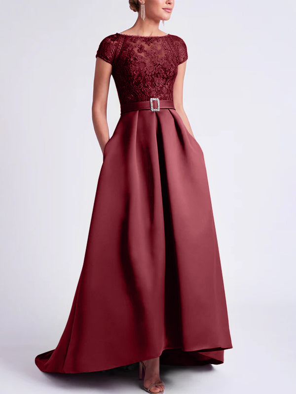 Asymmetrical A-Line Mother of the Bride Dress with Scoop Neck and Short Sleeves