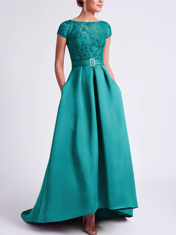 Asymmetrical A-Line Mother of the Bride Dress with Scoop Neck and Short Sleeves