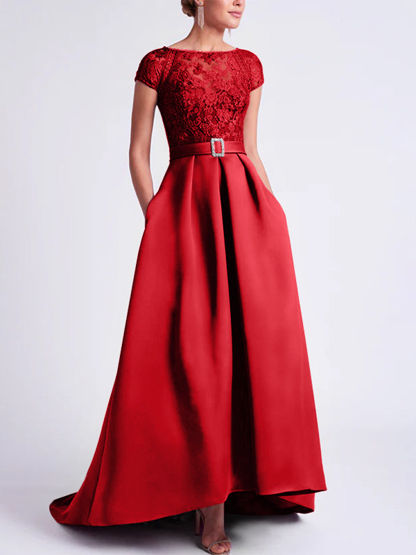 Asymmetrical A-Line Mother of the Bride Dress with Scoop Neck and Short Sleeves