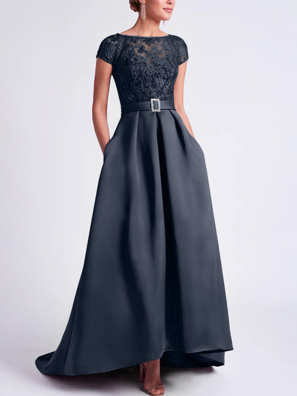Asymmetrical A-Line Mother of the Bride Dress with Scoop Neck and Short Sleeves