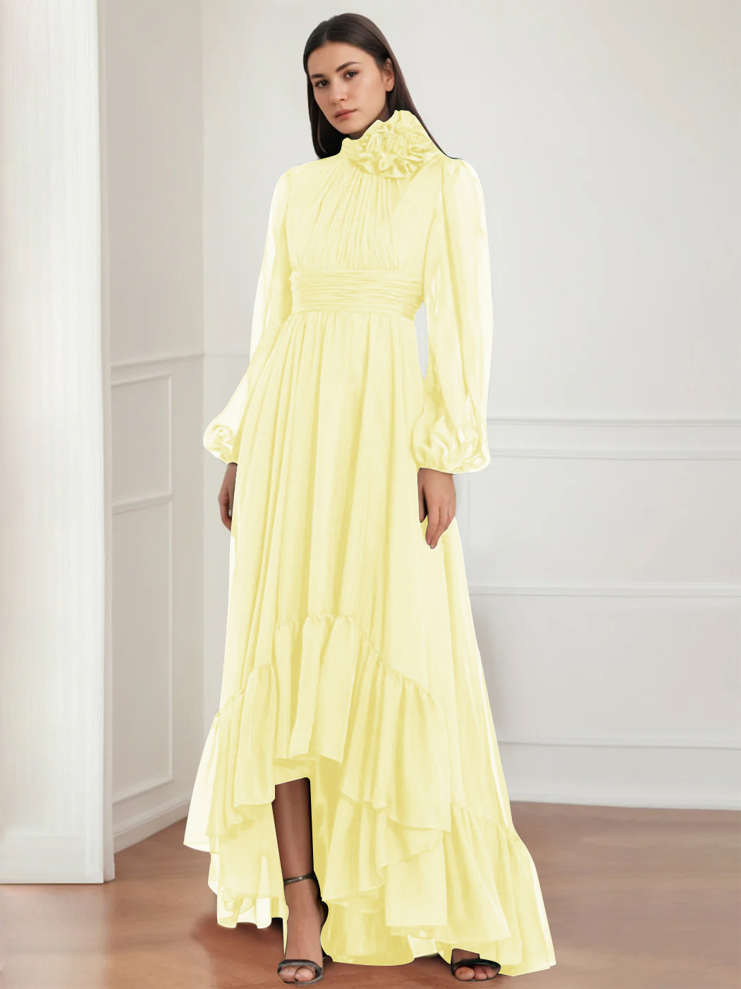 Asymmetrical A-Line Princess Jewel Neck Gown with Long Sleeves Ruffles & Floral Details