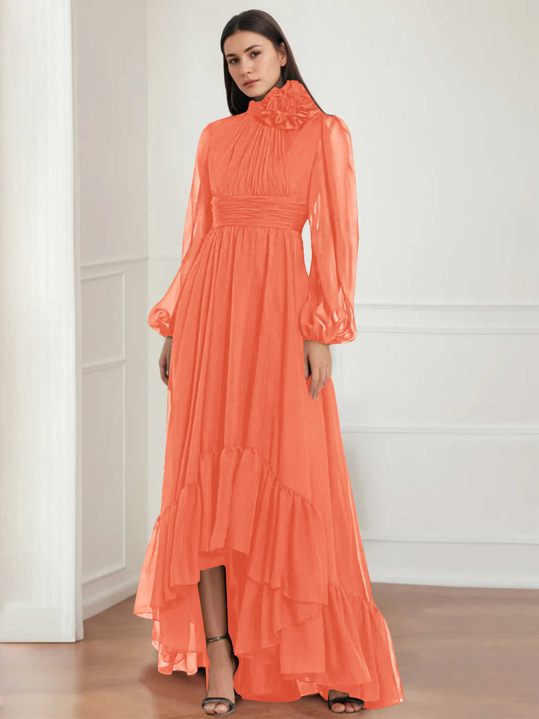 Asymmetrical A-Line Princess Jewel Neck Gown with Long Sleeves Ruffles & Floral Details