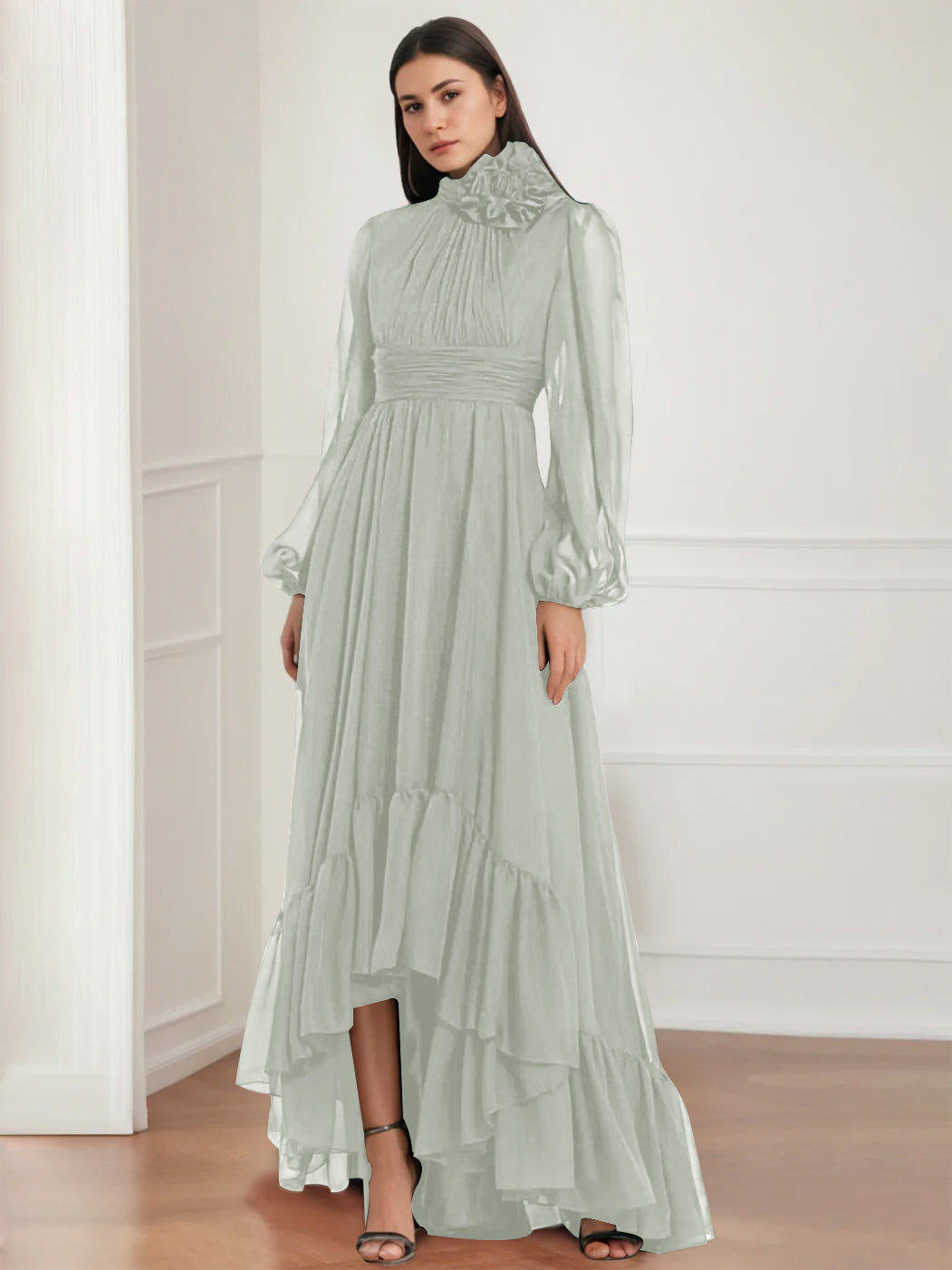 Asymmetrical A-Line Princess Jewel Neck Gown with Long Sleeves Ruffles & Floral Details