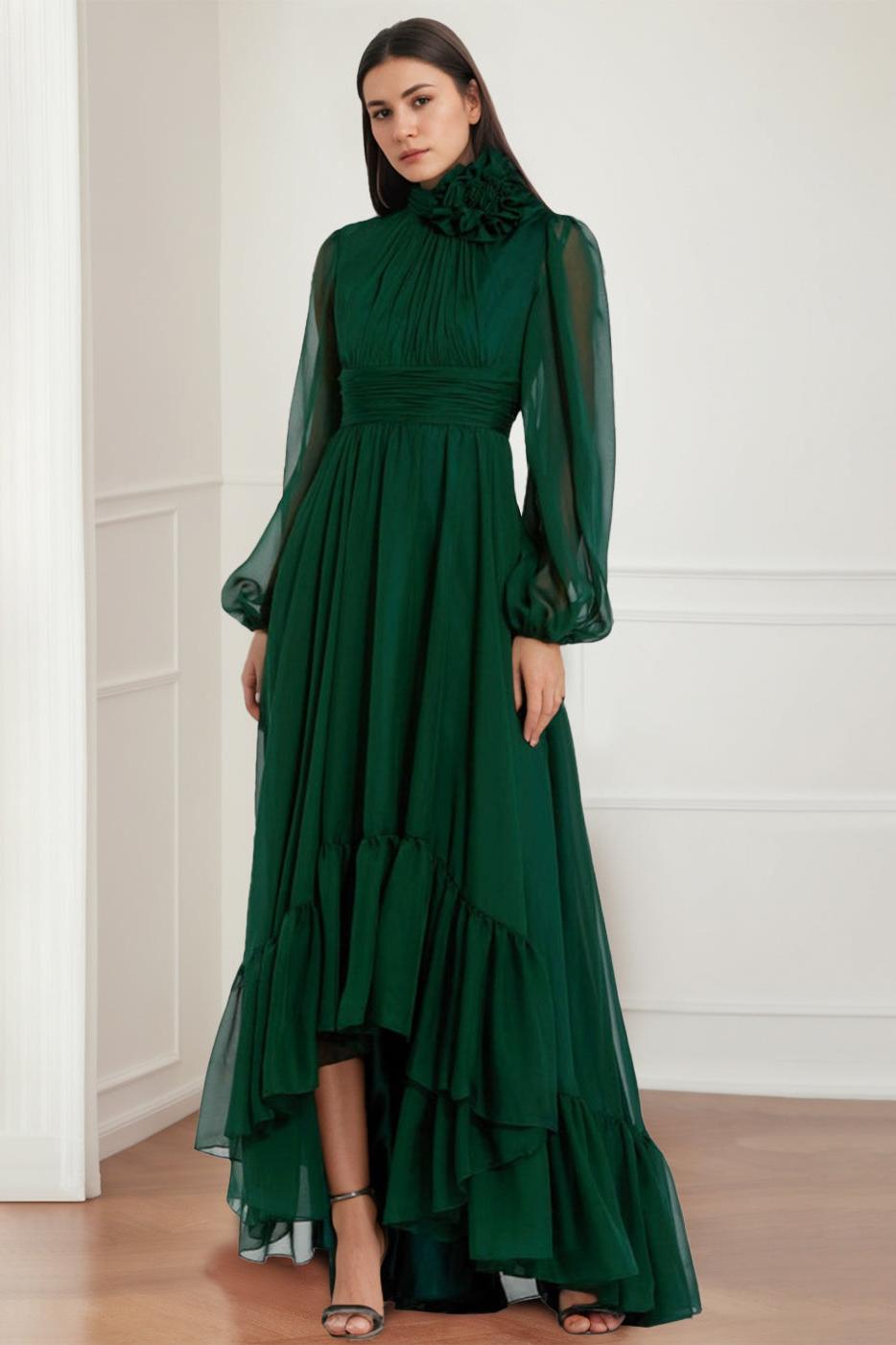 Asymmetrical A-Line Princess Jewel Neck Gown with Long Sleeves Ruffles & Floral Details