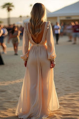 Asymmetrical Length Apricot Wedding Guest Dress Ruffled Formal Dress With Long Sleeves