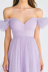 Asymmetrical Off The Shoulder Lilac Tulle Long Formal Dress