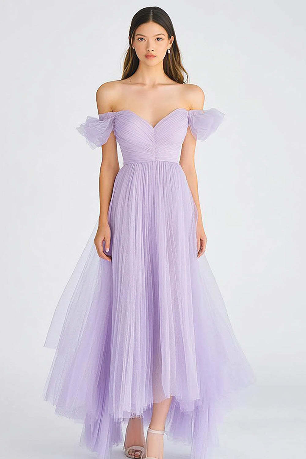Asymmetrical Off The Shoulder Lilac Tulle Long Formal Dress