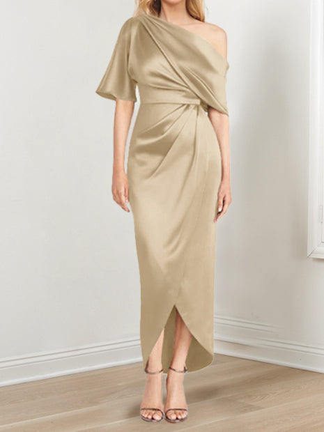 Asymmetrical One-Shoulder Short Sleeve Sheath Dress with Ruffles for the Mother of the Bride