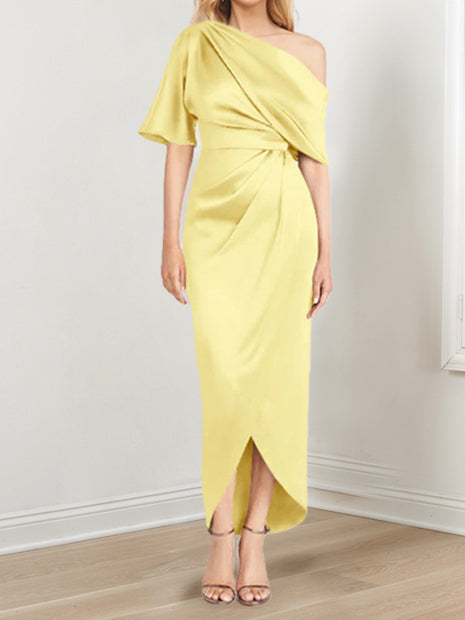 Asymmetrical One-Shoulder Short Sleeve Sheath Dress with Ruffles for the Mother of the Bride