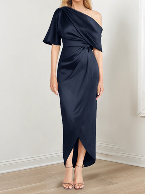 Asymmetrical One-Shoulder Short Sleeve Sheath Dress with Ruffles for t – Dressystars