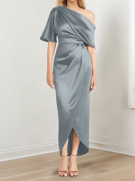 Asymmetrical One-Shoulder Short Sleeve Sheath Dress with Ruffles for the Mother of the Bride
