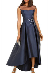 Asymmetrical Sleeveless A-Line Mother of the Bride Dress with Jewel Neckline Pleats and Appliques