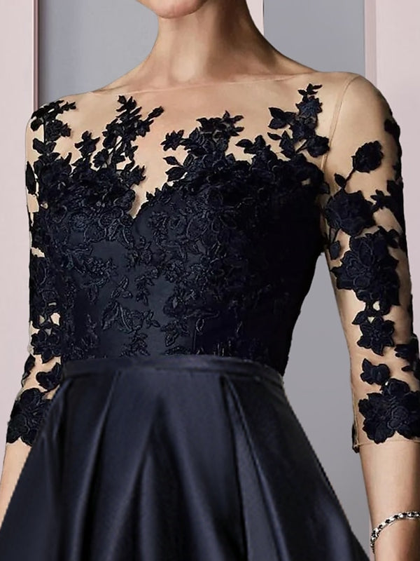 Asymmetrical Tea-Length A-Line/Princess Mother of the Bride Dresses with Illusion-Neck