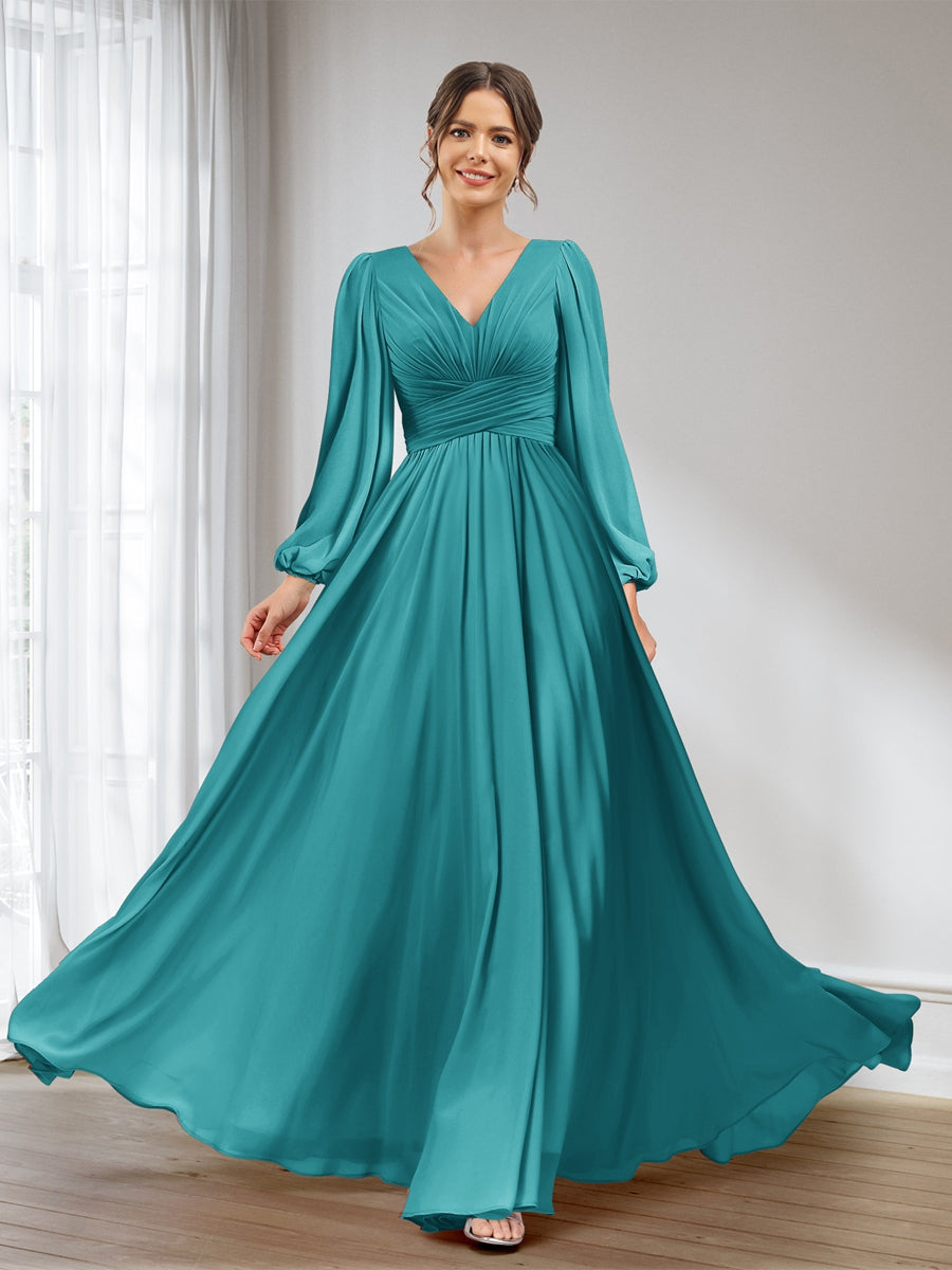 A-Line/Princess V-Neck Long Sleeves Chiffon Long Bridesmaid Dresses With Pockets Aqua Blue