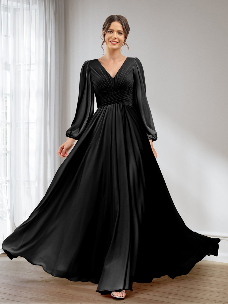 A-Line/Princess V-Neck Long Sleeves Chiffon Long Bridesmaid Dresses With Pockets Black