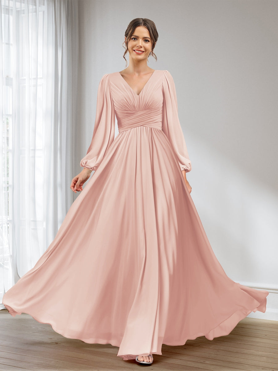 A-Line/Princess V-Neck Long Sleeves Chiffon Long Bridesmaid Dresses With Pockets Blush Pink