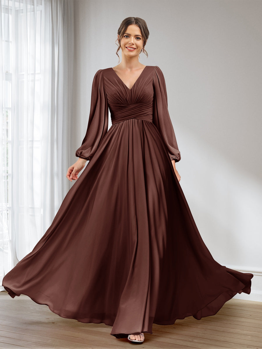 A-Line/Princess V-Neck Long Sleeves Chiffon Long Bridesmaid Dresses With Pockets Brown