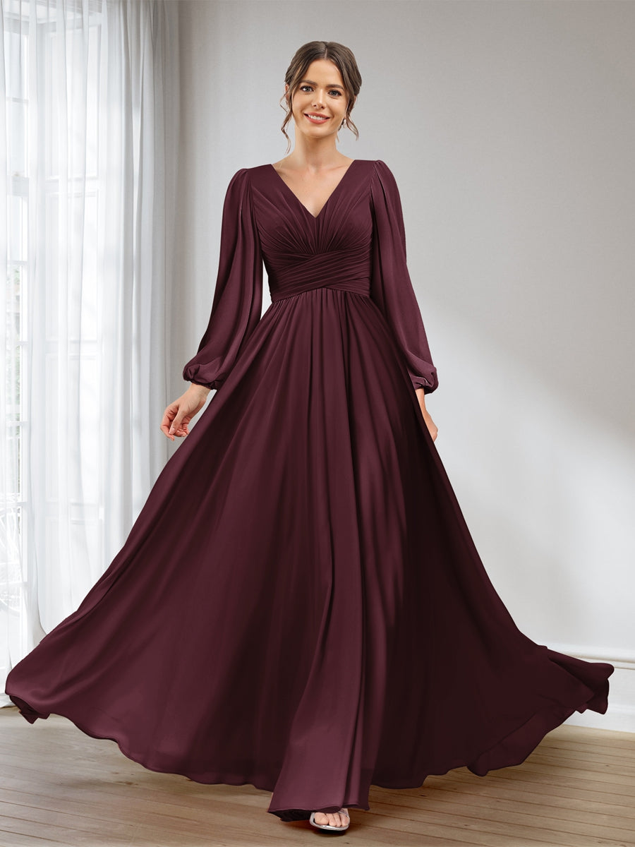 A-Line/Princess V-Neck Long Sleeves Chiffon Long Bridesmaid Dresses With Pockets Burgundy