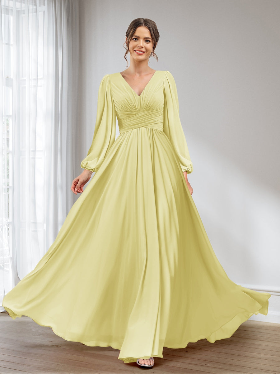 A-Line/Princess V-Neck Long Sleeves Chiffon Long Bridesmaid Dresses With Pockets Canary