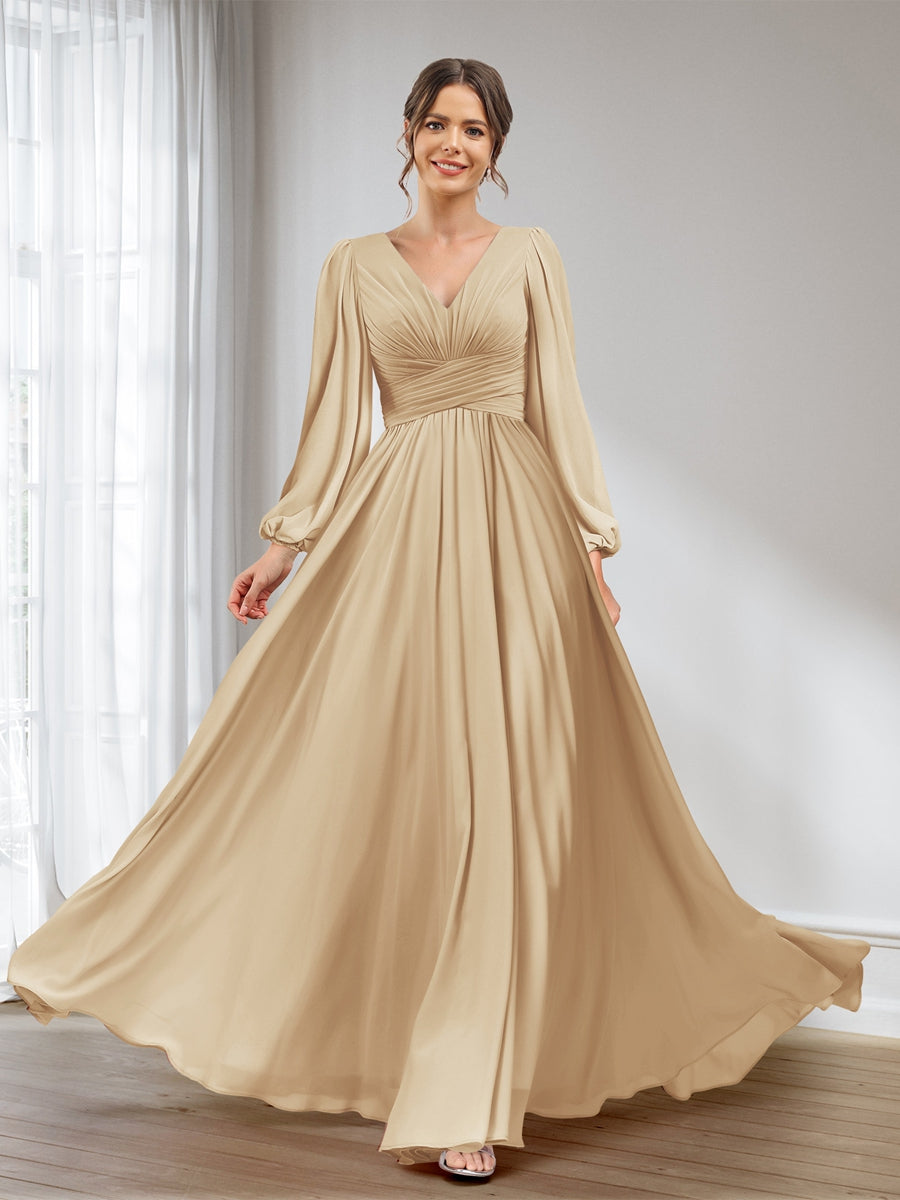A-Line/Princess V-Neck Long Sleeves Chiffon Long Bridesmaid Dresses With Pockets Champagne
