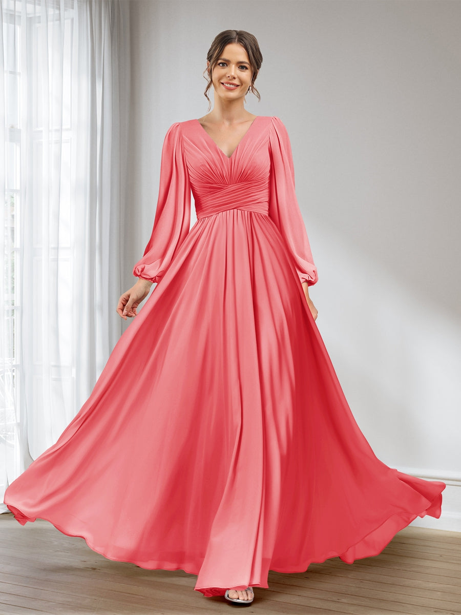 A-Line/Princess V-Neck Long Sleeves Chiffon Long Bridesmaid Dresses With Pockets Coral