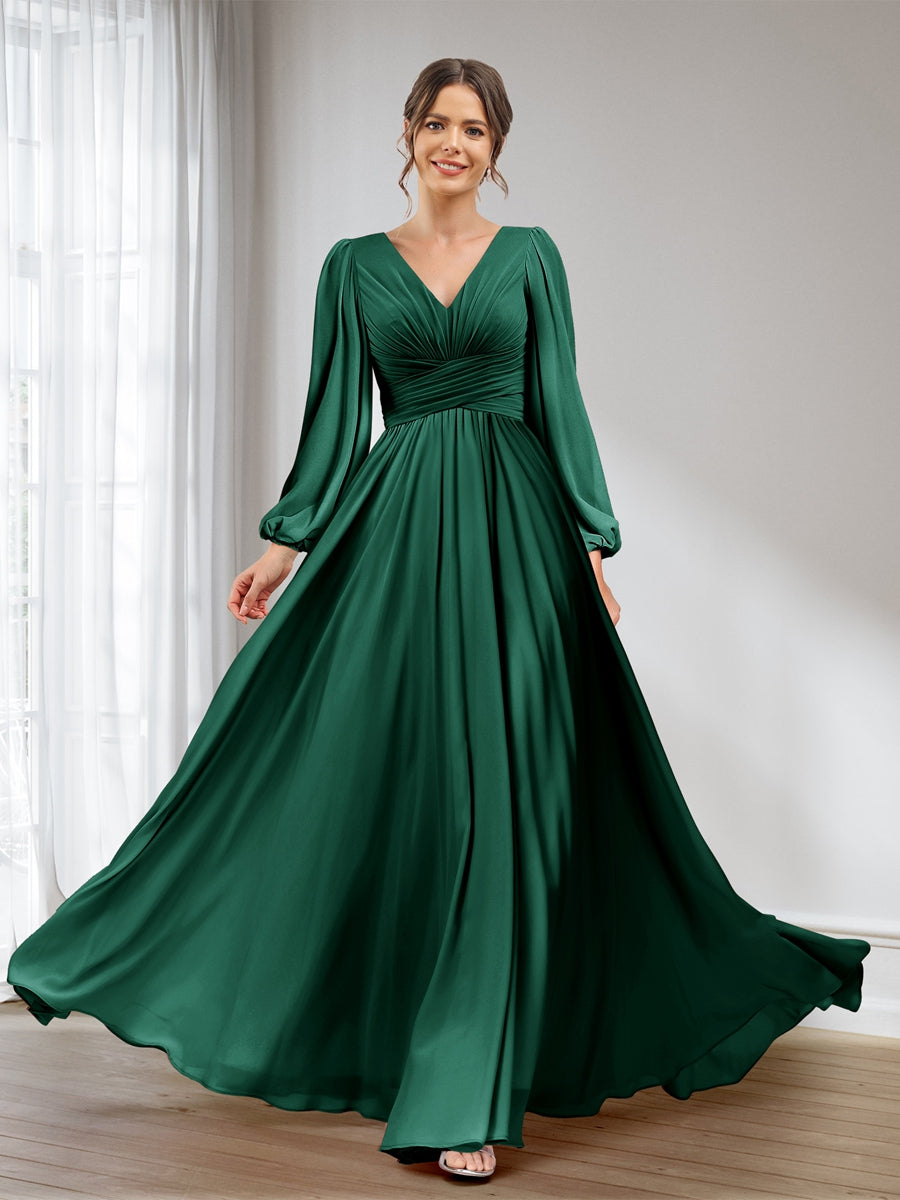 A-Line/Princess V-Neck Long Sleeves Chiffon Long Bridesmaid Dresses With Pockets Dark Green