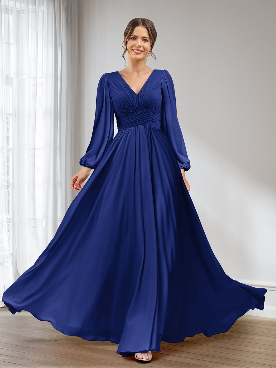 A-Line/Princess V-Neck Long Sleeves Chiffon Long Bridesmaid Dresses With Pockets Dark Royal Blue