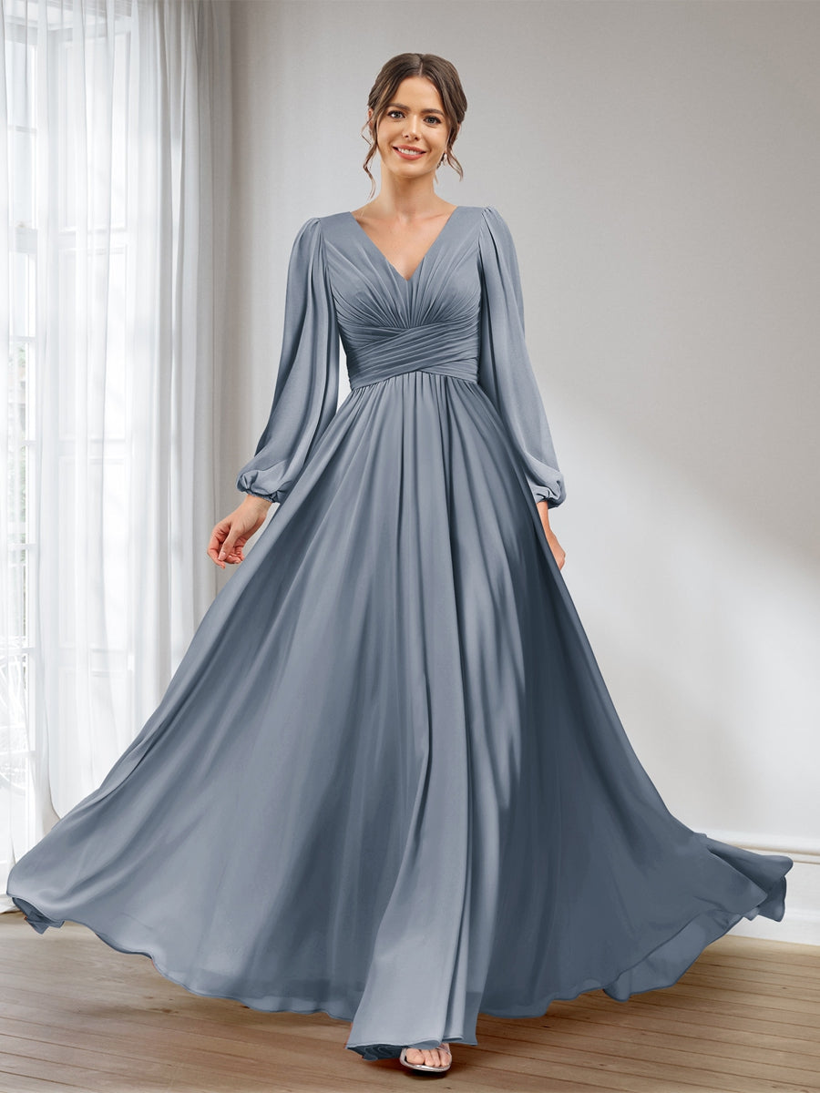 A-Line/Princess V-Neck Long Sleeves Chiffon Long Bridesmaid Dresses With Pockets Dusty Blue