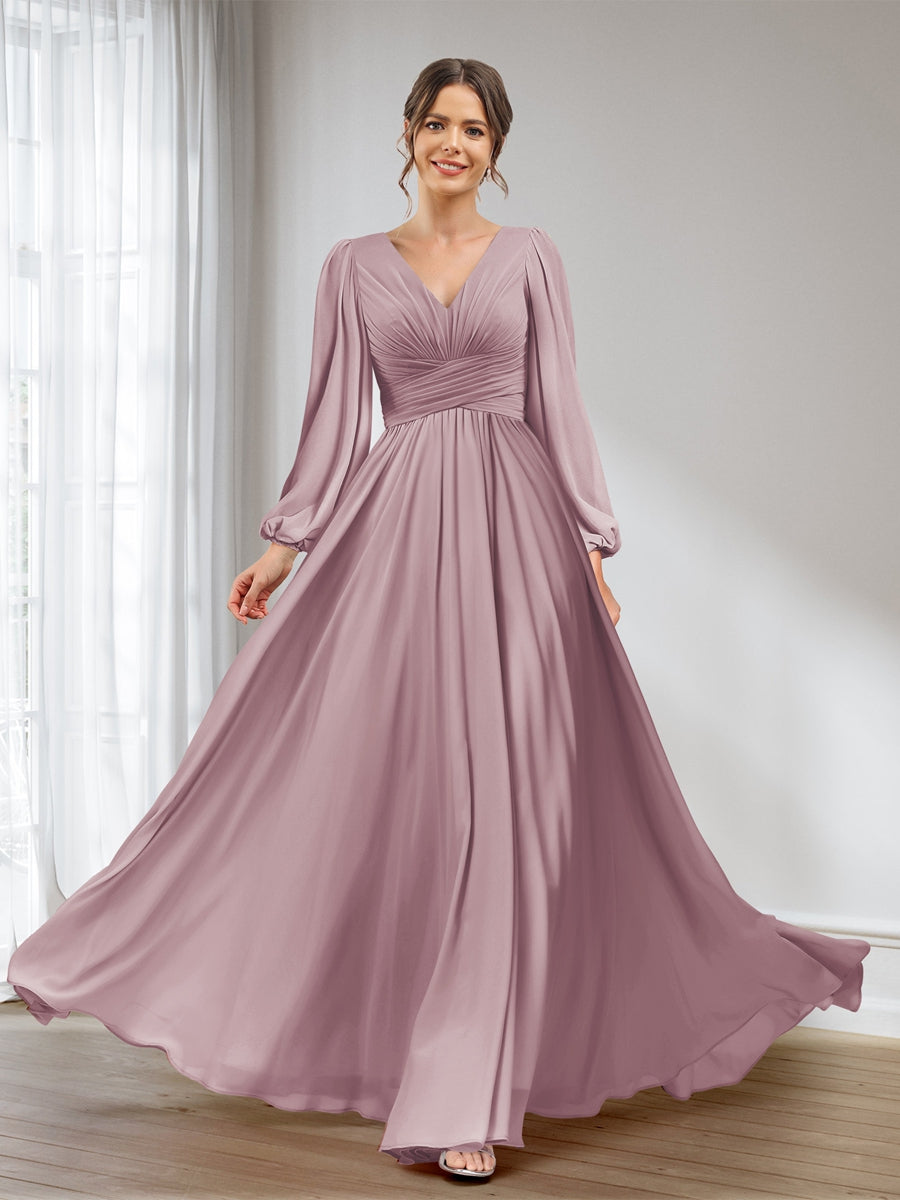 A-Line/Princess V-Neck Long Sleeves Chiffon Long Bridesmaid Dresses With Pockets Dusty Pink