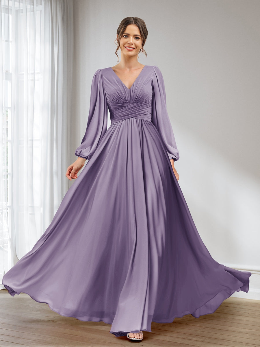 A-Line/Princess V-Neck Long Sleeves Chiffon Long Bridesmaid Dresses With Pockets Dusty Purple