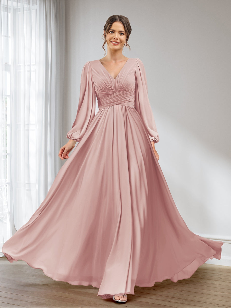 A-Line/Princess V-Neck Long Sleeves Chiffon Long Bridesmaid Dresses With Pockets Dusty Rose