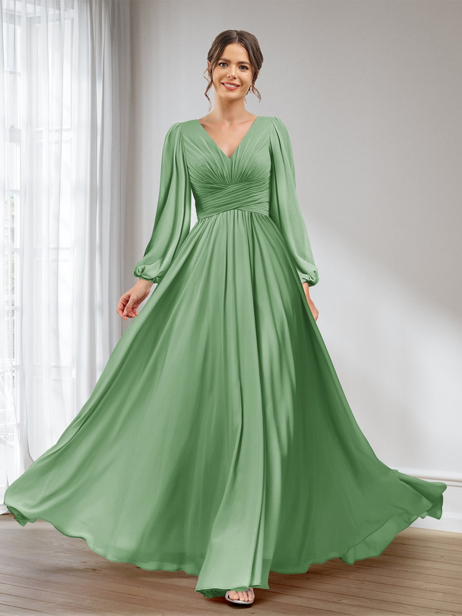 A-Line/Princess V-Neck Long Sleeves Chiffon Long Bridesmaid Dresses With Pockets Dusty Sage