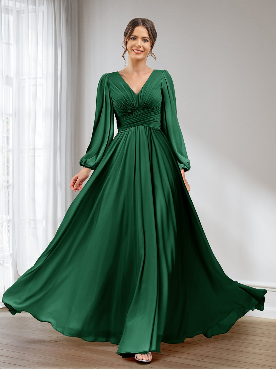 A-Line/Princess V-Neck Long Sleeves Chiffon Long Bridesmaid Dresses With Pockets Emerald
