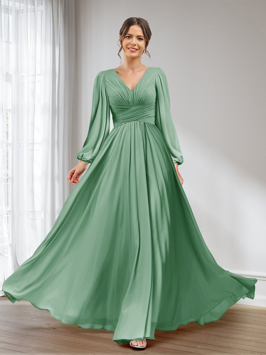 A-Line/Princess V-Neck Long Sleeves Chiffon Long Bridesmaid Dresses With Pockets Eucalyptus