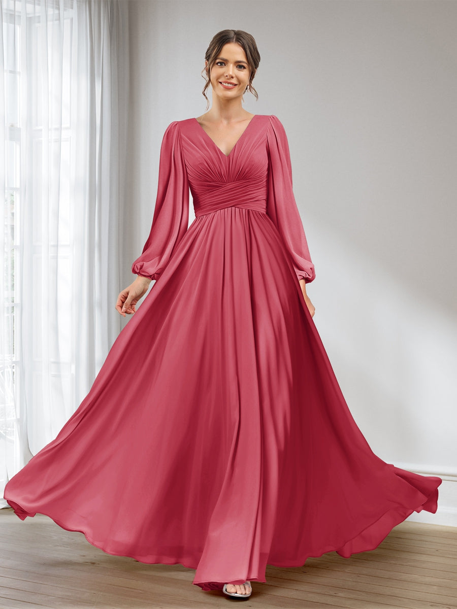 A-Line/Princess V-Neck Long Sleeves Chiffon Long Bridesmaid Dresses With Pockets Fuchsia Pink