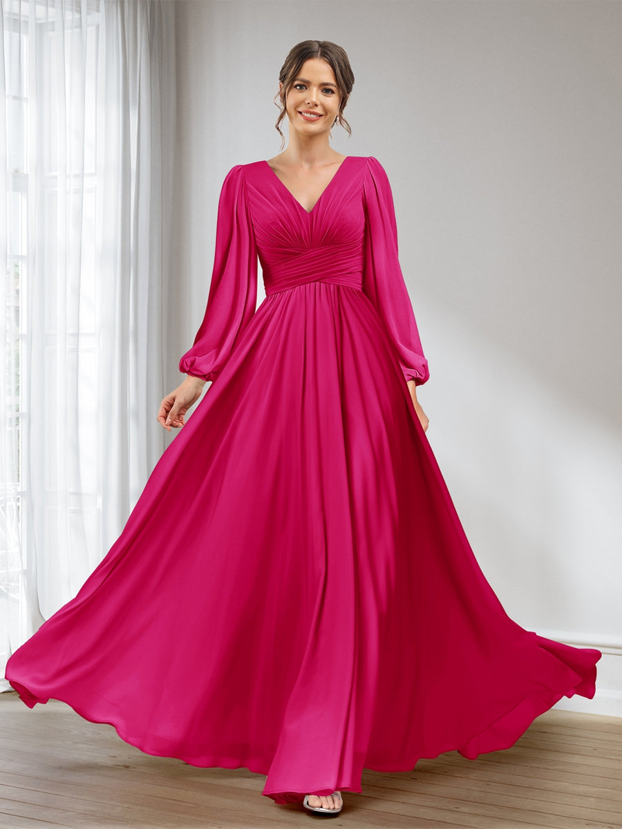 A-Line/Princess V-Neck Long Sleeves Chiffon Long Bridesmaid Dresses With Pockets Fuchsia