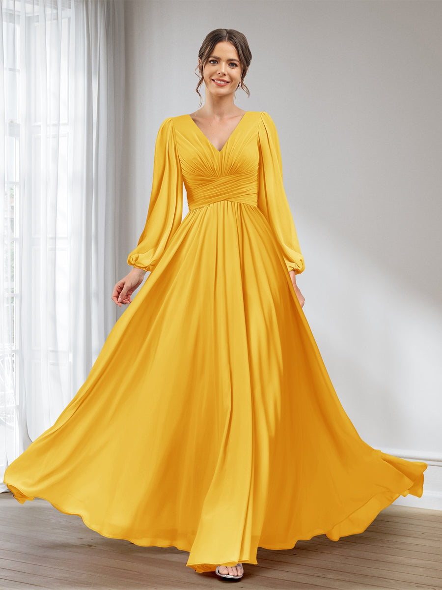A-Line/Princess V-Neck Long Sleeves Chiffon Long Bridesmaid Dresses With Pockets Gold