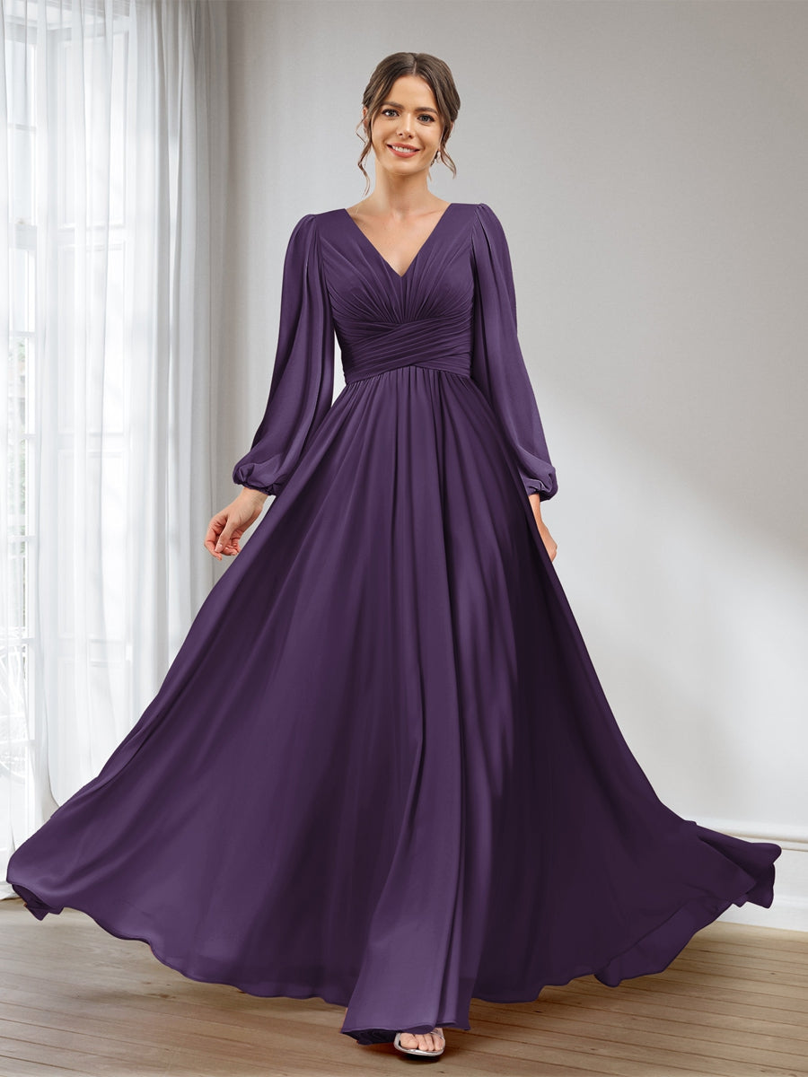 A-Line/Princess V-Neck Long Sleeves Chiffon Long Bridesmaid Dresses With Pockets Grape