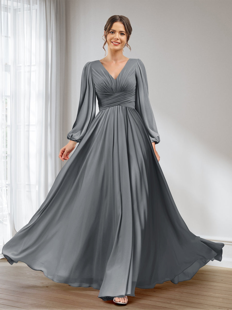 A-Line/Princess V-Neck Long Sleeves Chiffon Long Bridesmaid Dresses With Pockets Gray