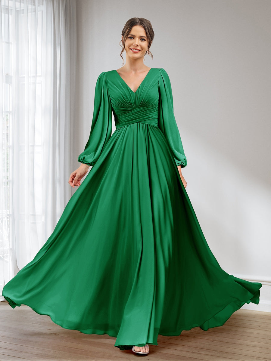 A-Line/Princess V-Neck Long Sleeves Chiffon Long Bridesmaid Dresses With Pockets Green