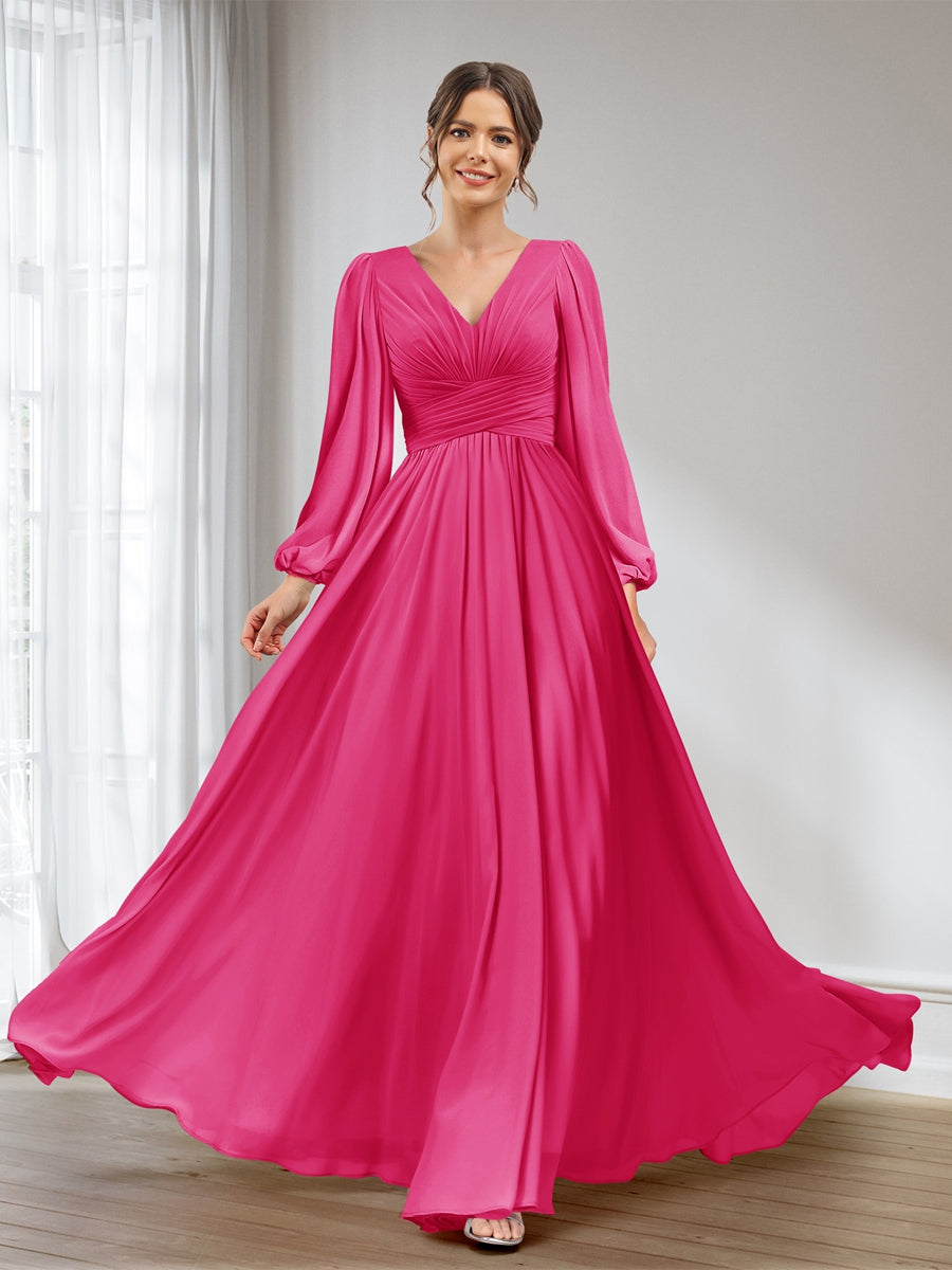 A-Line/Princess V-Neck Long Sleeves Chiffon Long Bridesmaid Dresses With Pockets Hot Pink