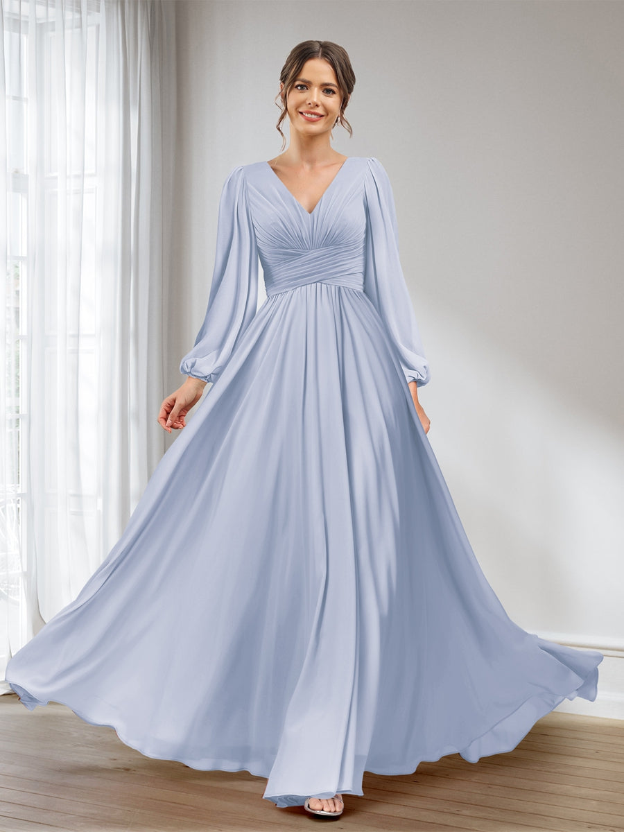A-Line/Princess V-Neck Long Sleeves Chiffon Long Bridesmaid Dresses With Pockets Lavender