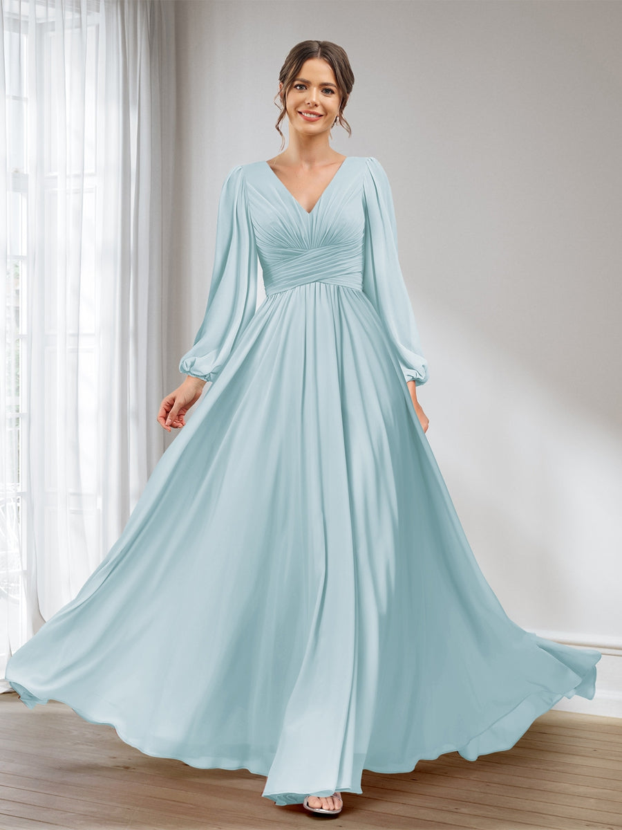 A-Line/Princess V-Neck Long Sleeves Chiffon Long Bridesmaid Dresses With Pockets Light Blue