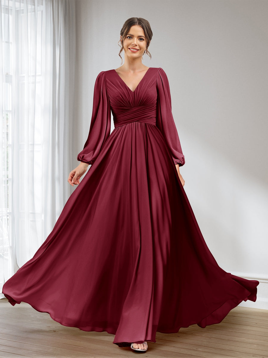 A-Line/Princess V-Neck Long Sleeves Chiffon Long Bridesmaid Dresses With Pockets Light Burgundy
