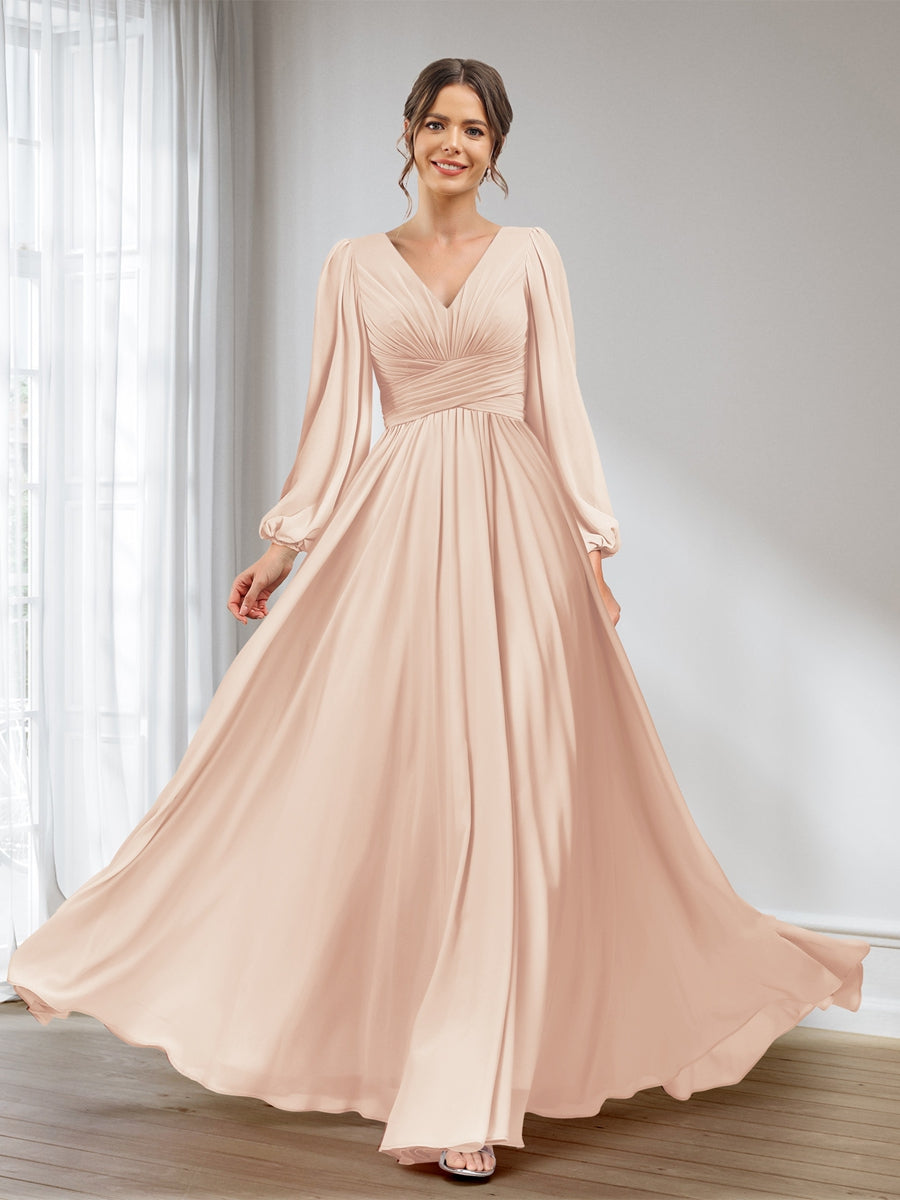 A-Line/Princess V-Neck Long Sleeves Chiffon Long Bridesmaid Dresses With Pockets Light Champagne